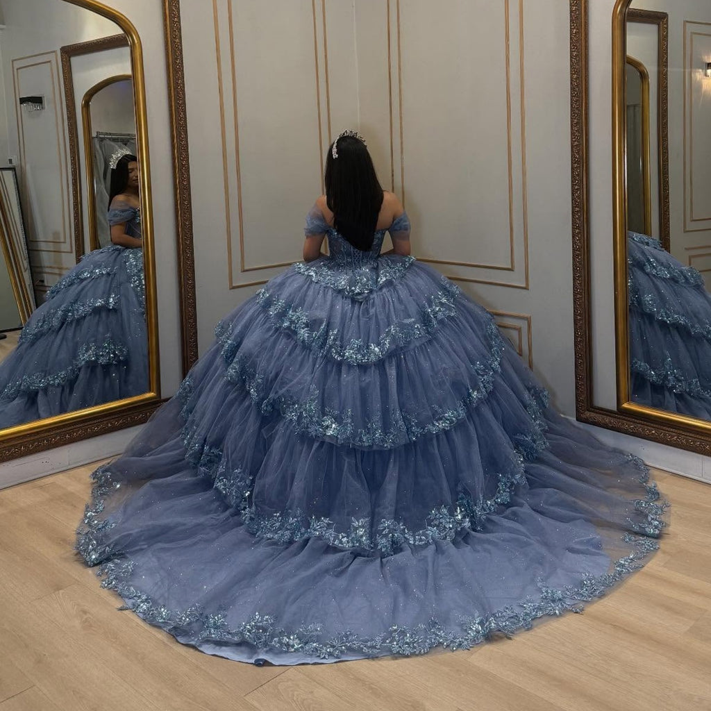 Off Shoulder Sleeveless Sequins AAppliques Tiered Blue Quinceañera Dress YQ1060