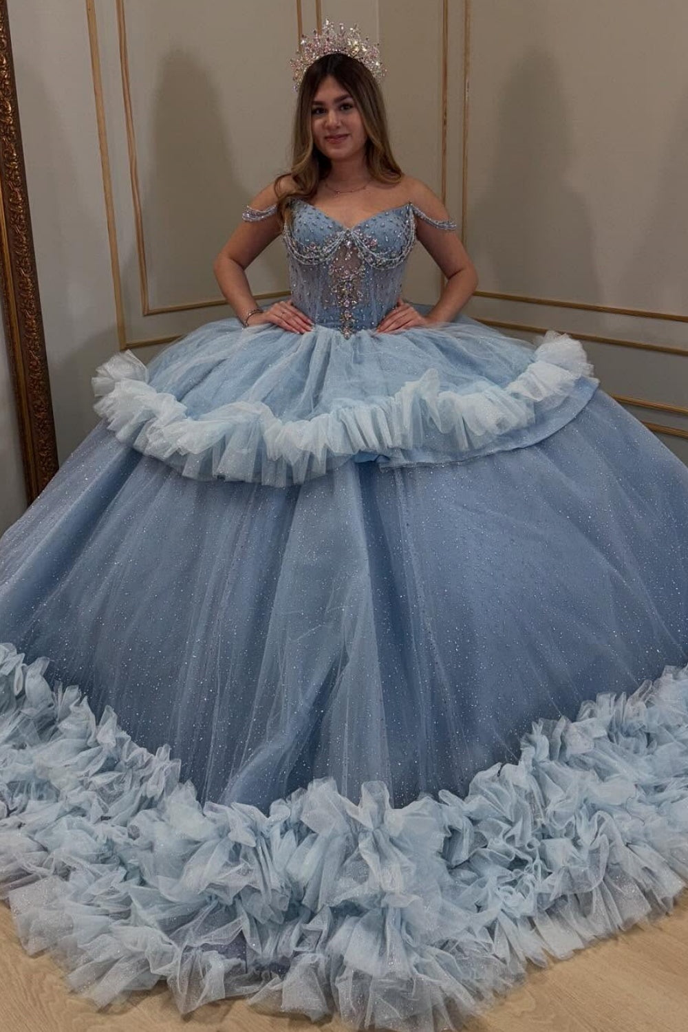 Off Shoulder Sleeveless Beaded Appliques Ruffles Tiered Quinceañera Dress YQ1062