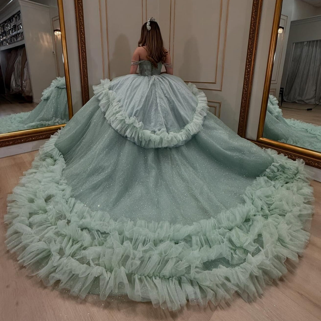 Off Shoulder Sleeveless Beaded Appliques Ruffles Tiered Quinceañera Dress YQ1062