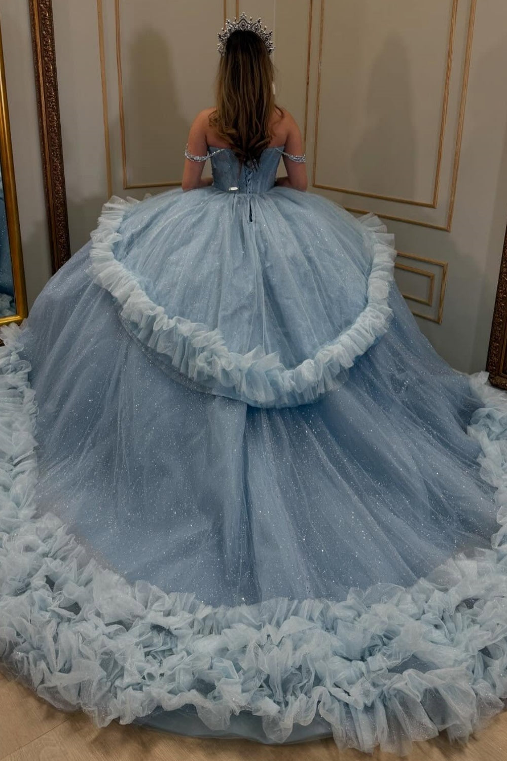 Off Shoulder Sleeveless Beaded Appliques Ruffles Tiered Quinceañera Dress YQ1062