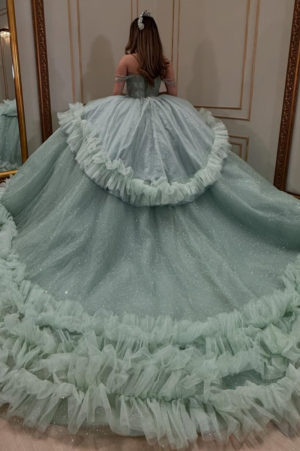 Off Shoulder Sleeveless Beaded Appliques Ruffles Tiered Quinceañera Dress YQ1062
