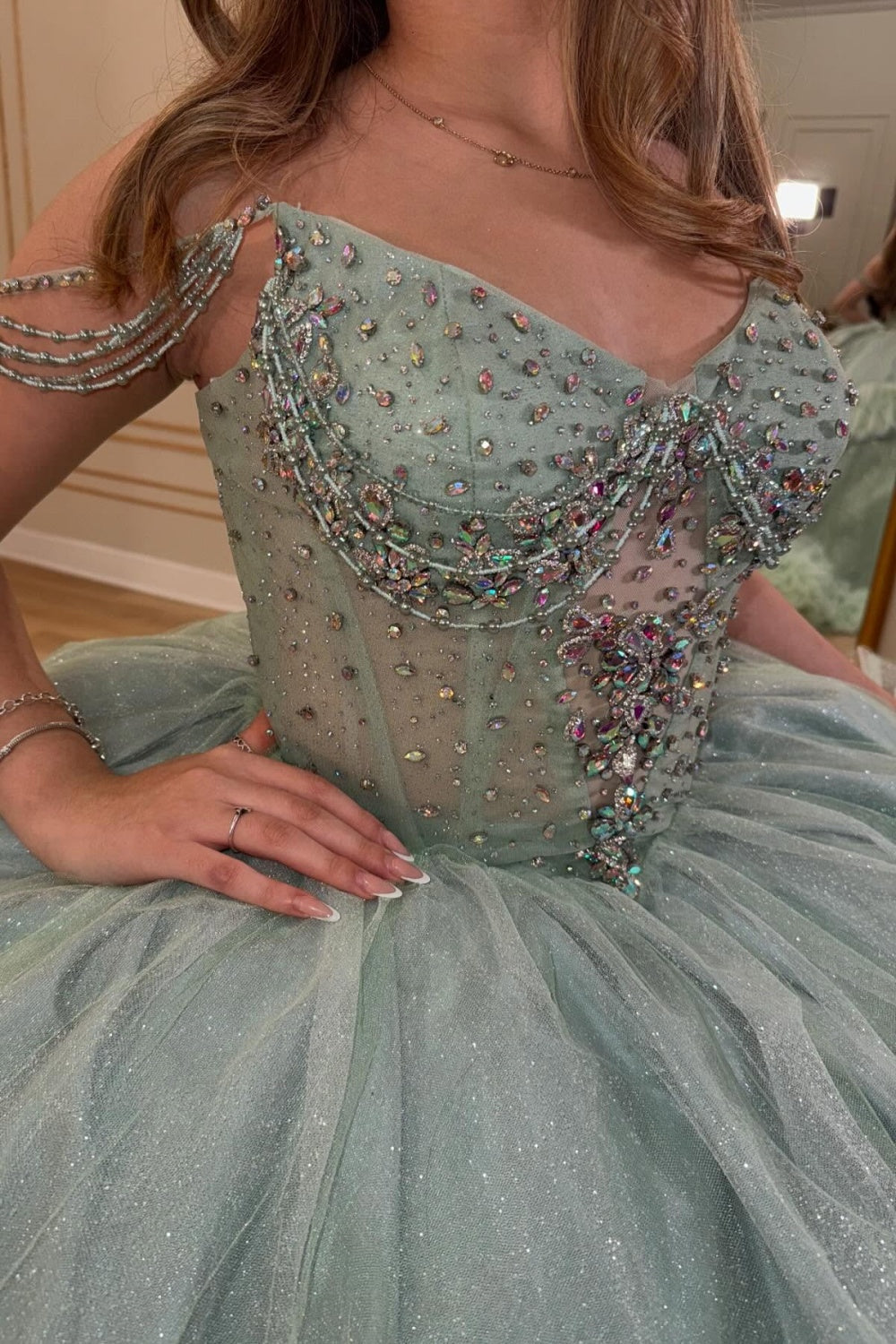 Off Shoulder Sleeveless Beaded Appliques Ruffles Tiered Quinceañera Dress YQ1062