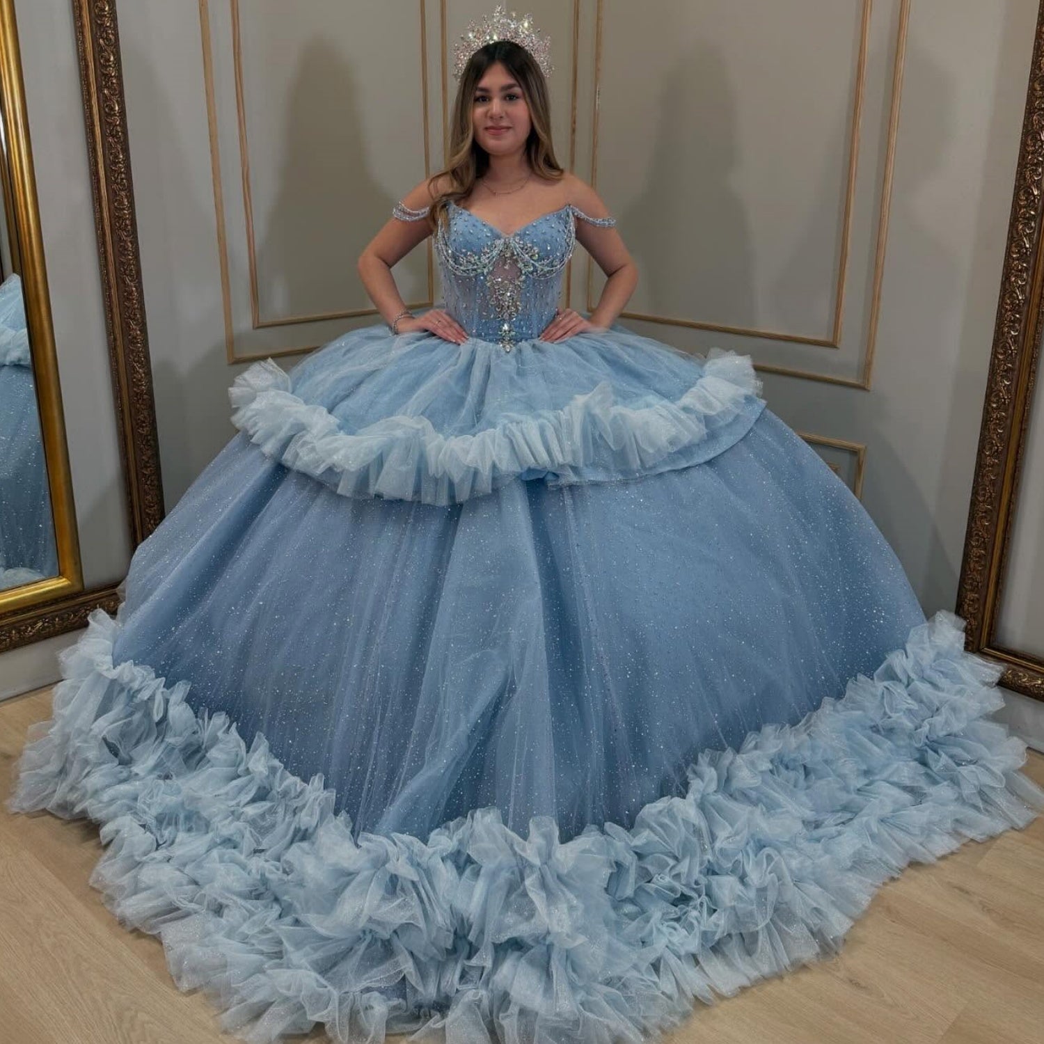 Off Shoulder Sleeveless Beaded Appliques Ruffles Tiered Quinceañera Dress YQ1062