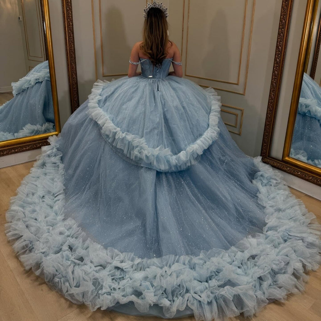 Off Shoulder Sleeveless Beaded Appliques Ruffles Tiered Quinceañera Dress YQ1062
