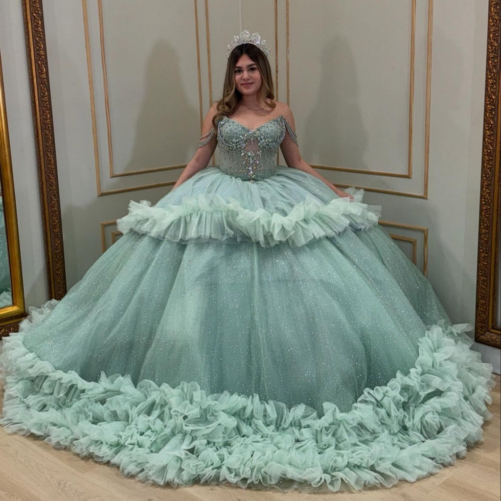 Off Shoulder Sleeveless Beaded Appliques Ruffles Tiered Quinceañera Dress YQ1062