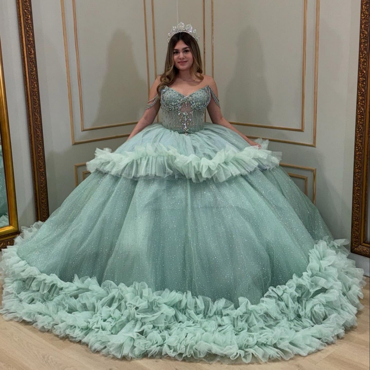Off Shoulder Sleeveless Beaded Appliques Ruffles Tiered Quinceañera Dress YQ1062