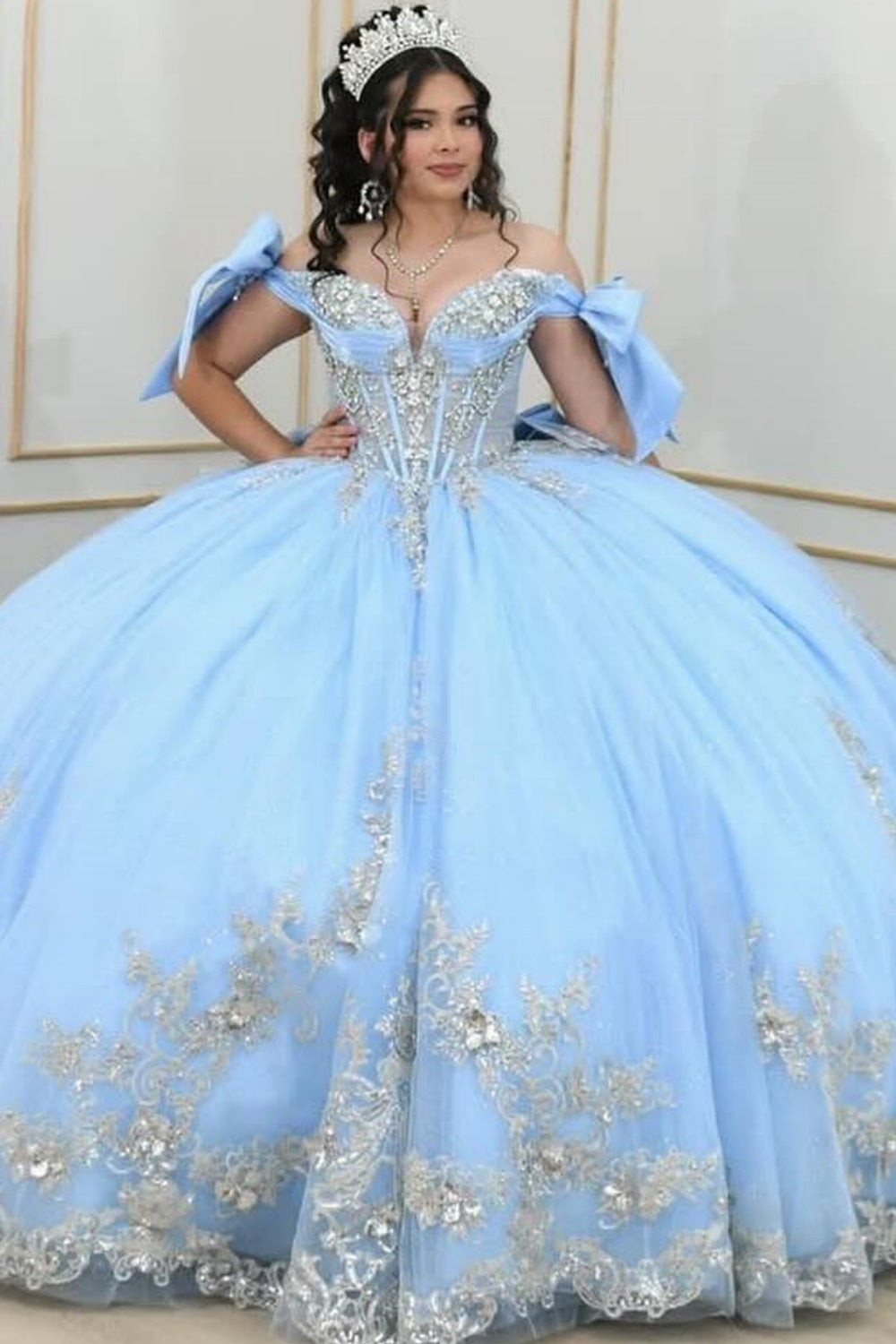 Off Shoulder Sleeveless Beaded Appliques Bow Knot Quinceañera Dress YQ1063