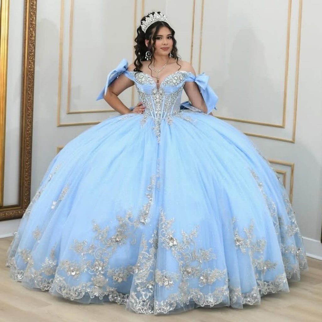 Off Shoulder Sleeveless Beaded Appliques Bow Knot Quinceañera Dress YQ1063