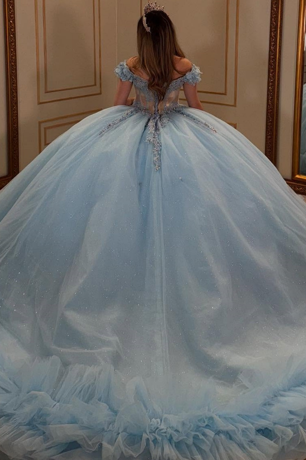Off Shoulder Sleeveless Beaded Appliques Ruffles Tiered Blue Quinceañera Dress YQ1064
