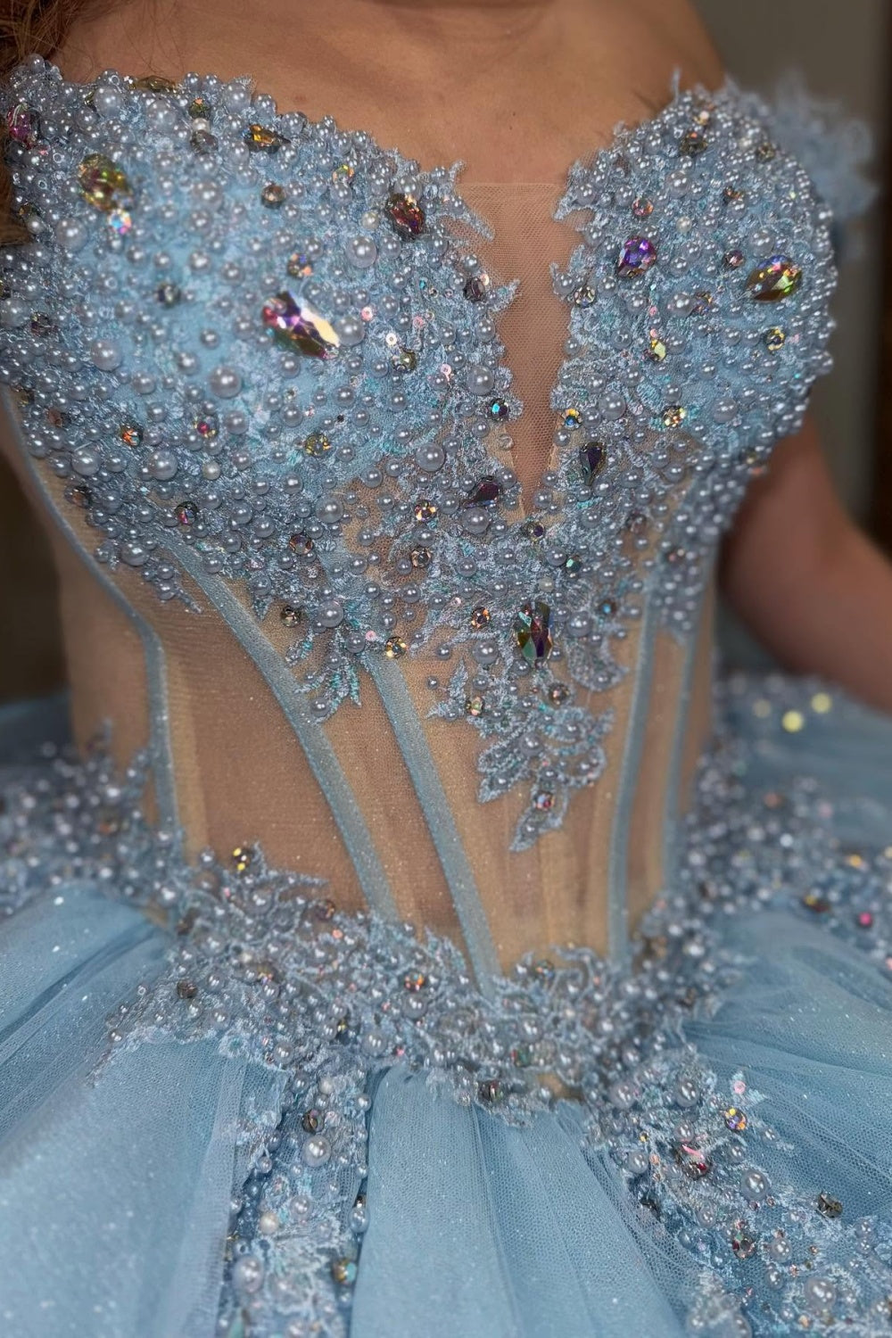 Off Shoulder Sleeveless Beaded Appliques Ruffles Tiered Blue Quinceañera Dress YQ1064