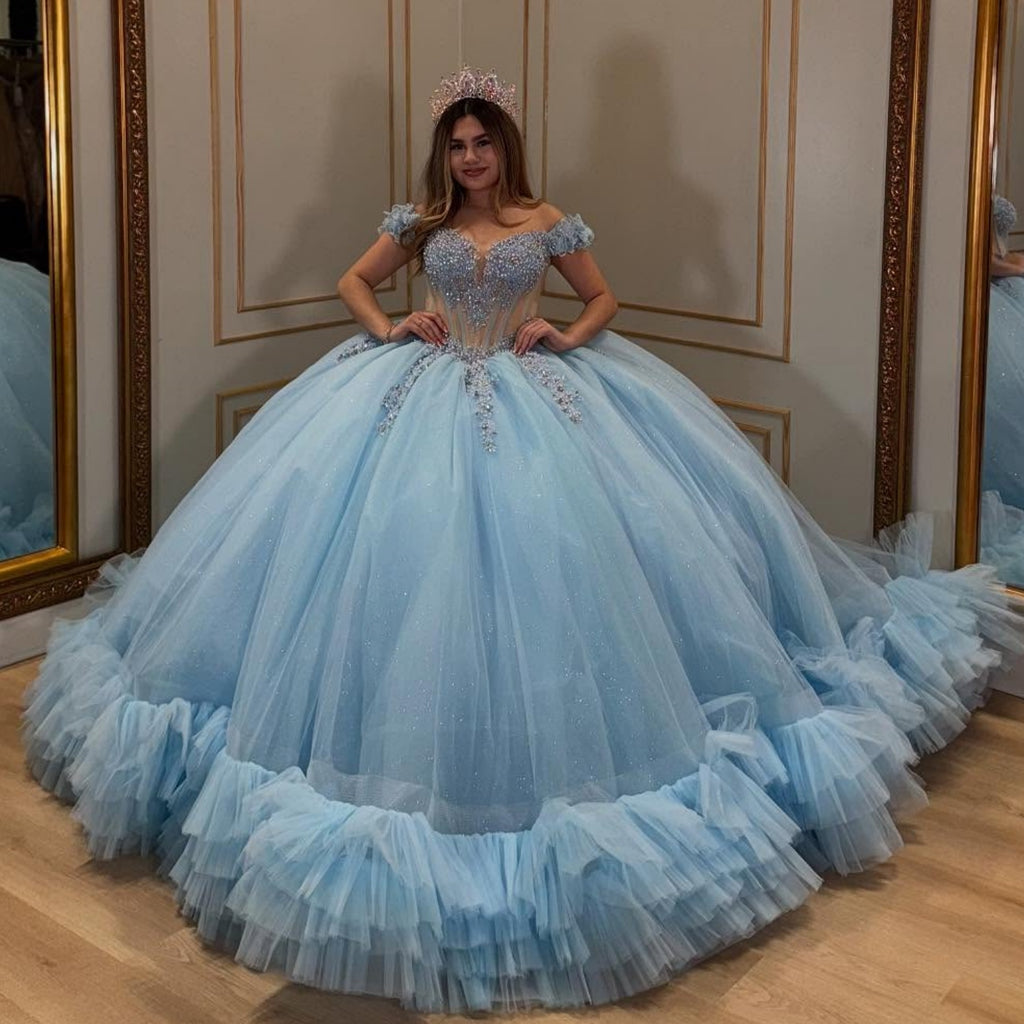 Off Shoulder Sleeveless Beaded Appliques Ruffles Tiered Blue Quinceañera Dress YQ1064