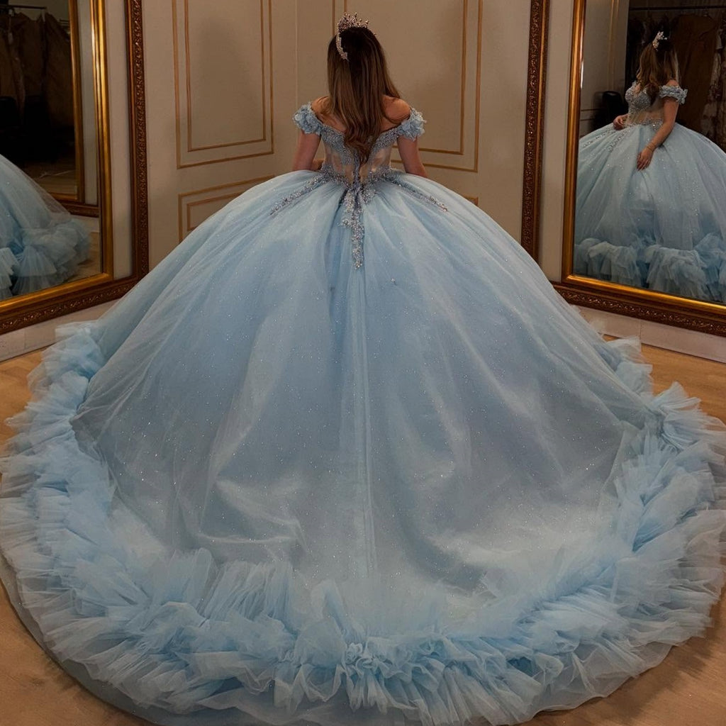 Off Shoulder Sleeveless Beaded Appliques Ruffles Tiered Blue Quinceañera Dress YQ1064