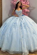 Vestido de Quinceañera Azul Marino con Lentejuelas, Apliques de Cuentas, Brillos y Escote Bardot YQ1055