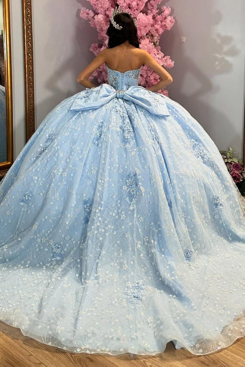 Off Shoulder Sleeveless Beaded 3D Flower Appliques Bow Knot Blue Quinceañera Dress YQ1065