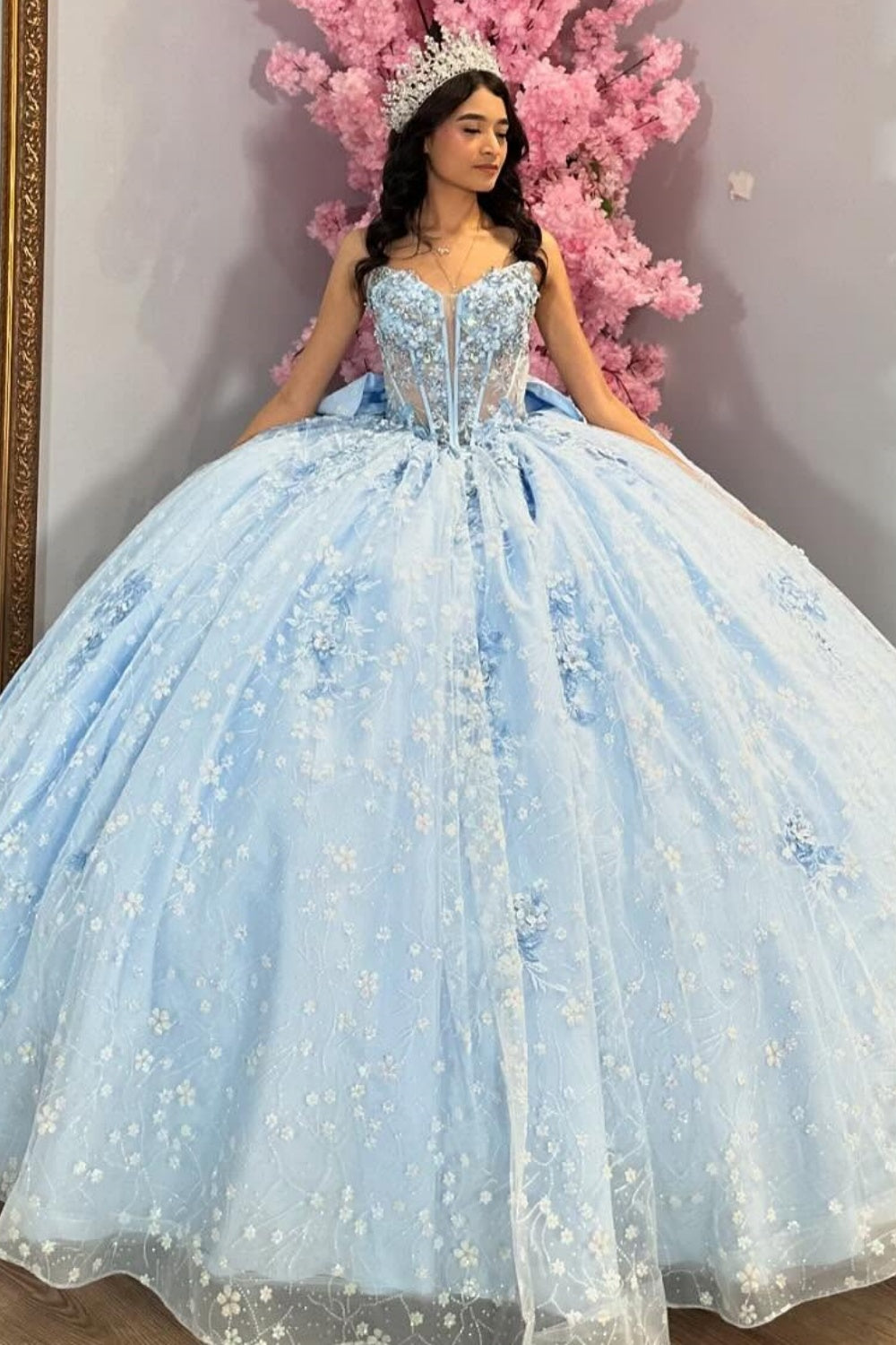 Off Shoulder Sleeveless Beaded 3D Flower Appliques Bow Knot Blue Quinceañera Dress YQ1065