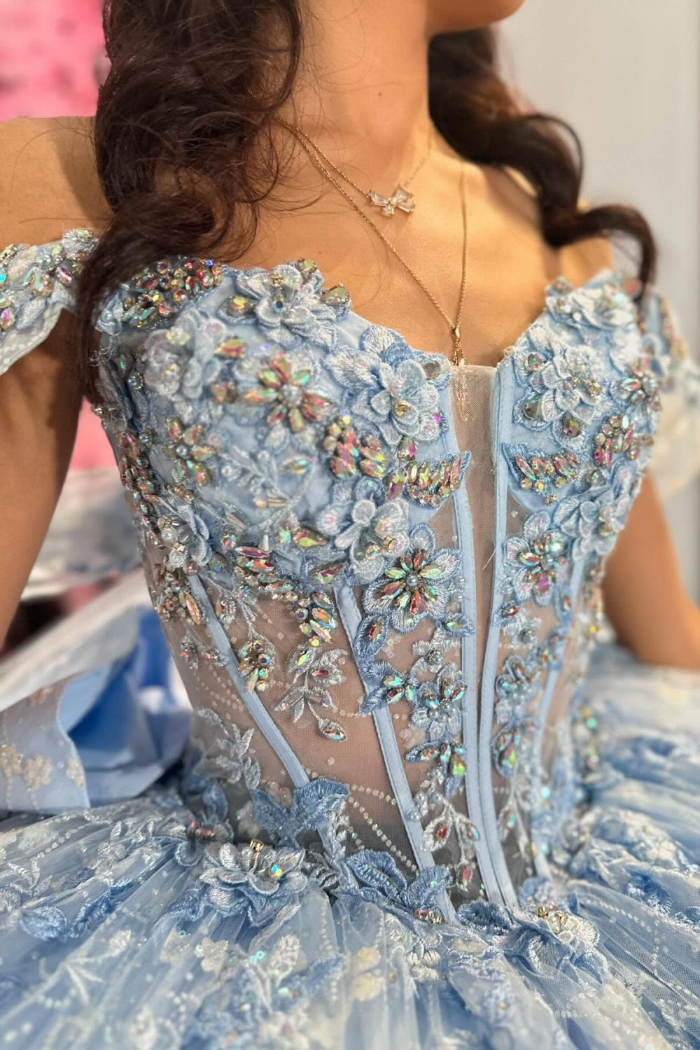 Off Shoulder Sleeveless Beaded 3D Flower Appliques Bow Knot Blue Quinceañera Dress YQ1065