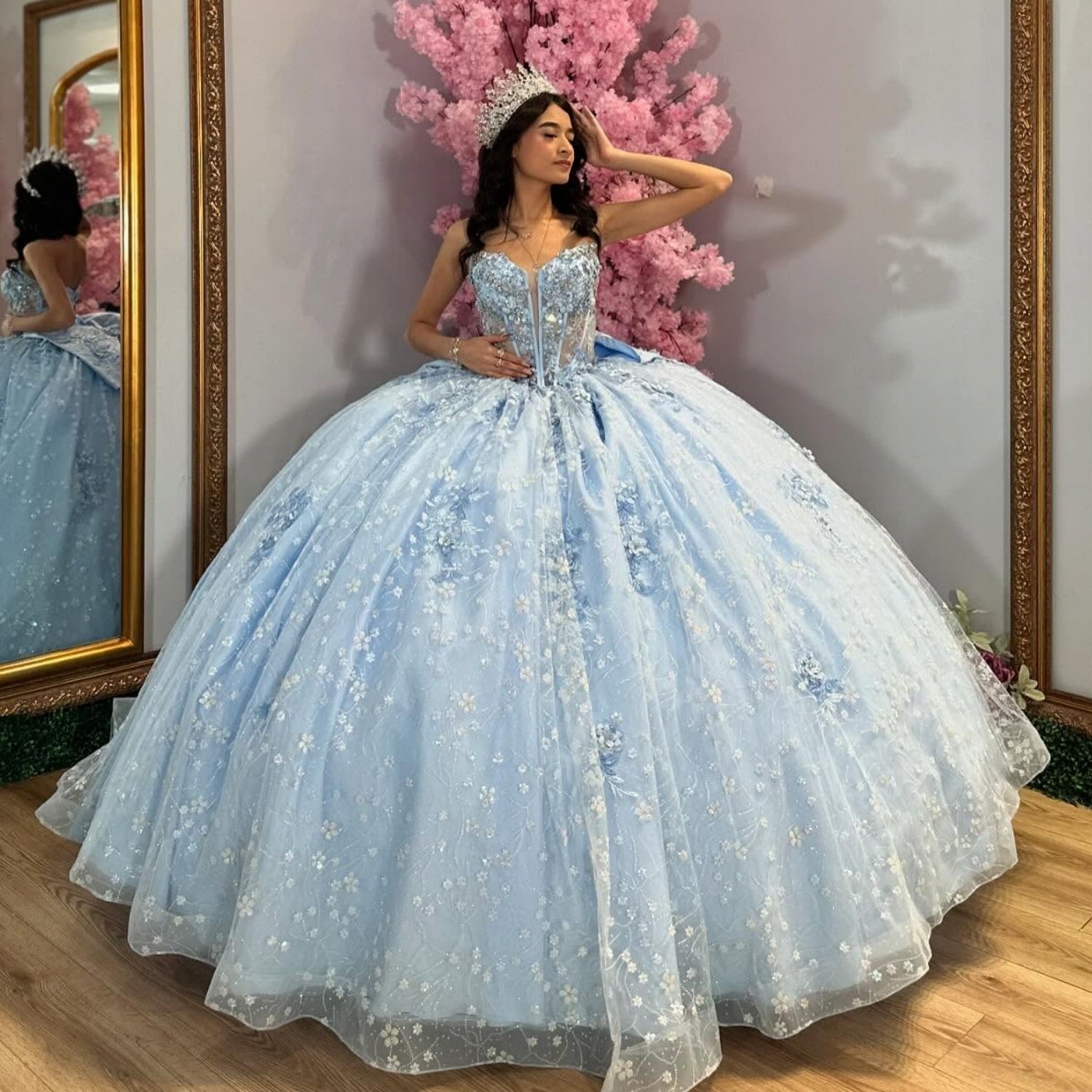 Off Shoulder Sleeveless Beaded 3D Flower Appliques Bow Knot Blue Quinceañera Dress YQ1065