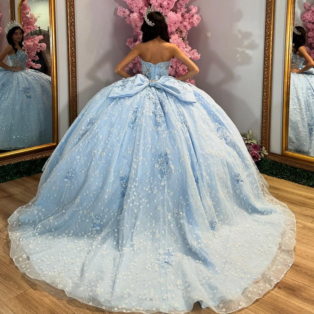 Vestido de Quinceañera Azul Marino con Lentejuelas, Apliques de Cuentas, Brillos y Escote Bardot YQ1055