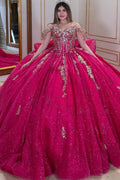 Off Shoulder Sleeveless Crystal Beaded Sequins Appliques Bow Knot Ruffles Quinceañera Dress YQ1066