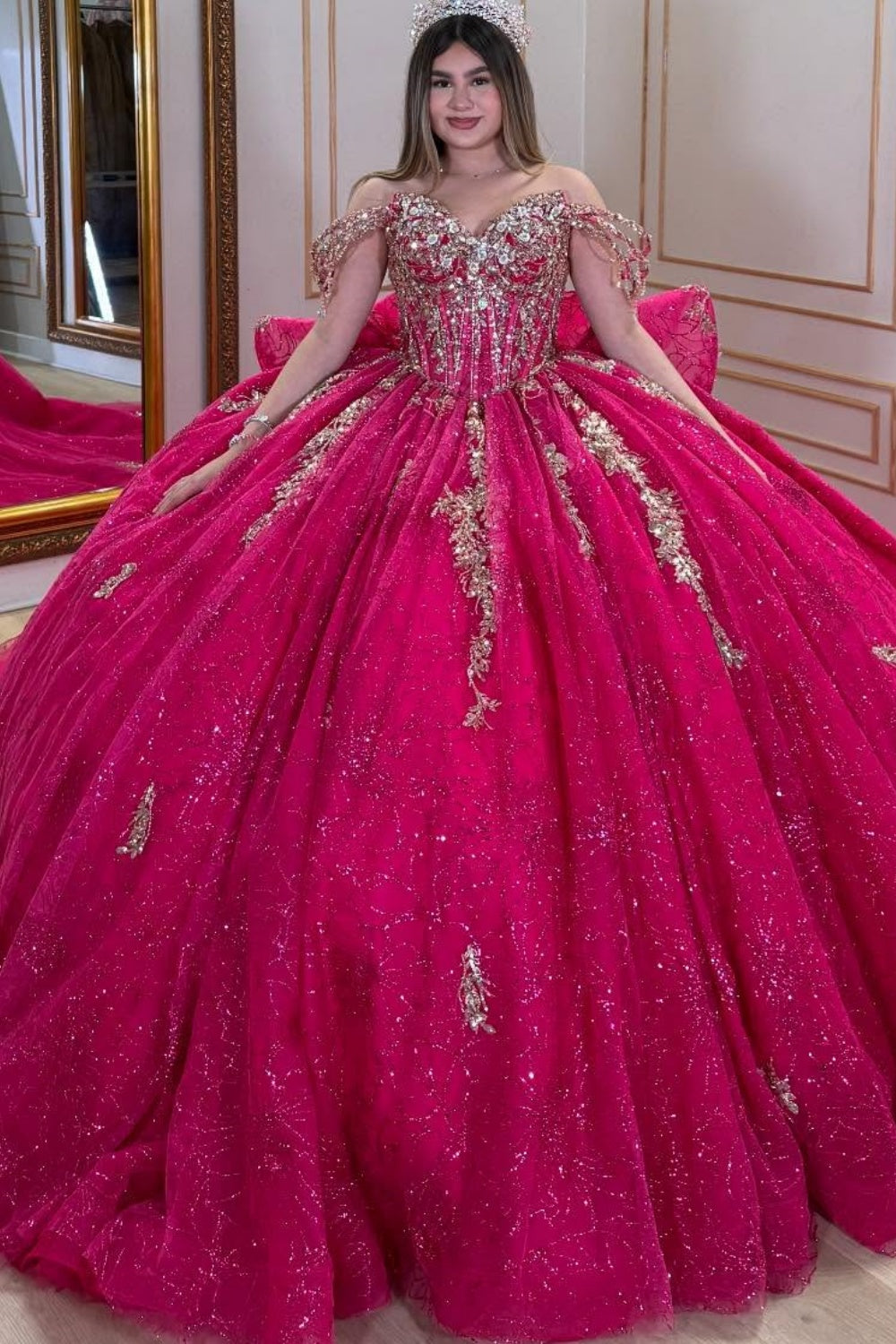 Vestido de Quinceañera Azul Marino con Lentejuelas, Apliques de Cuentas, Brillos y Escote Bardot YQ1055