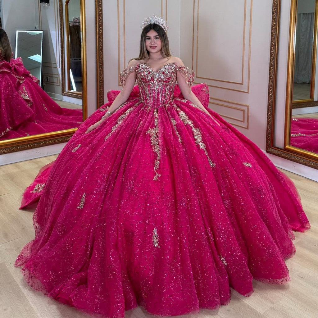 Off Shoulder Sleeveless Crystal Beaded Sequins Appliques Bow Knot Ruffles Quinceañera Dress YQ1066