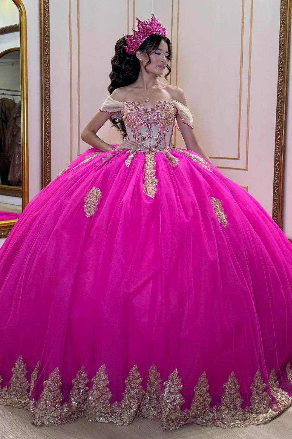 Off Shoulder Sleeveless Beaded Appliques Fuchsia Quinceañera Dress YQ1067