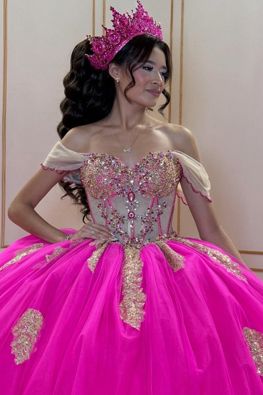 Off Shoulder Sleeveless Beaded Appliques Fuchsia Quinceañera Dress YQ1067