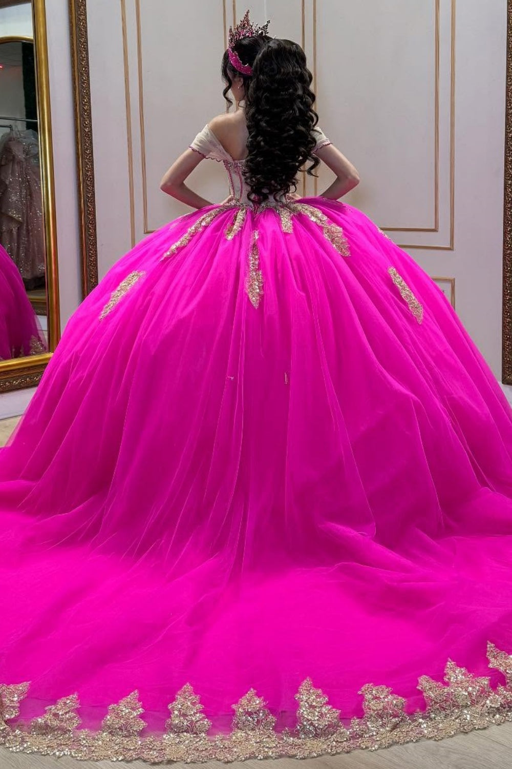 Off Shoulder Sleeveless Beaded Appliques Fuchsia Quinceañera Dress YQ1067