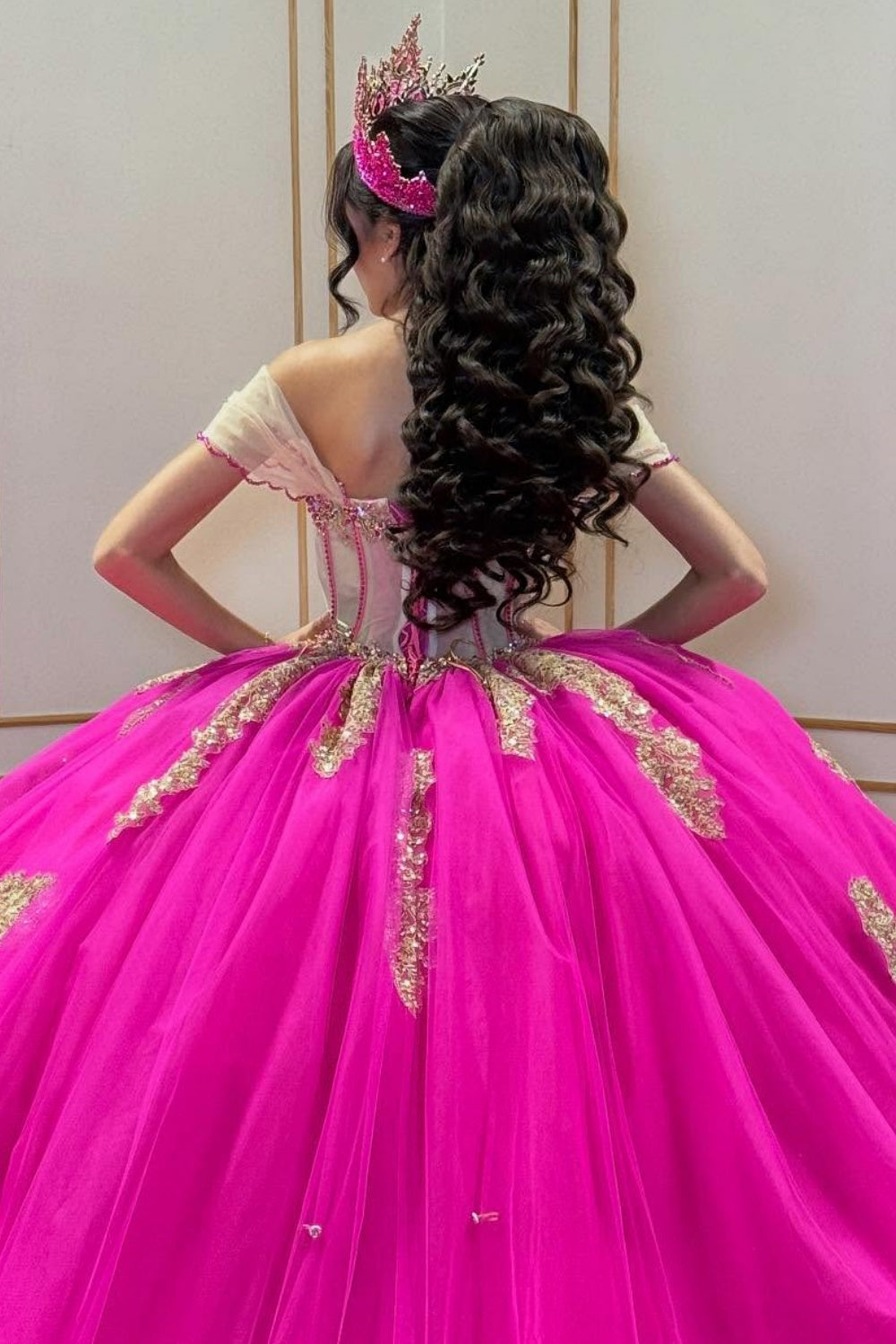 Off Shoulder Sleeveless Beaded Appliques Fuchsia Quinceañera Dress YQ1067