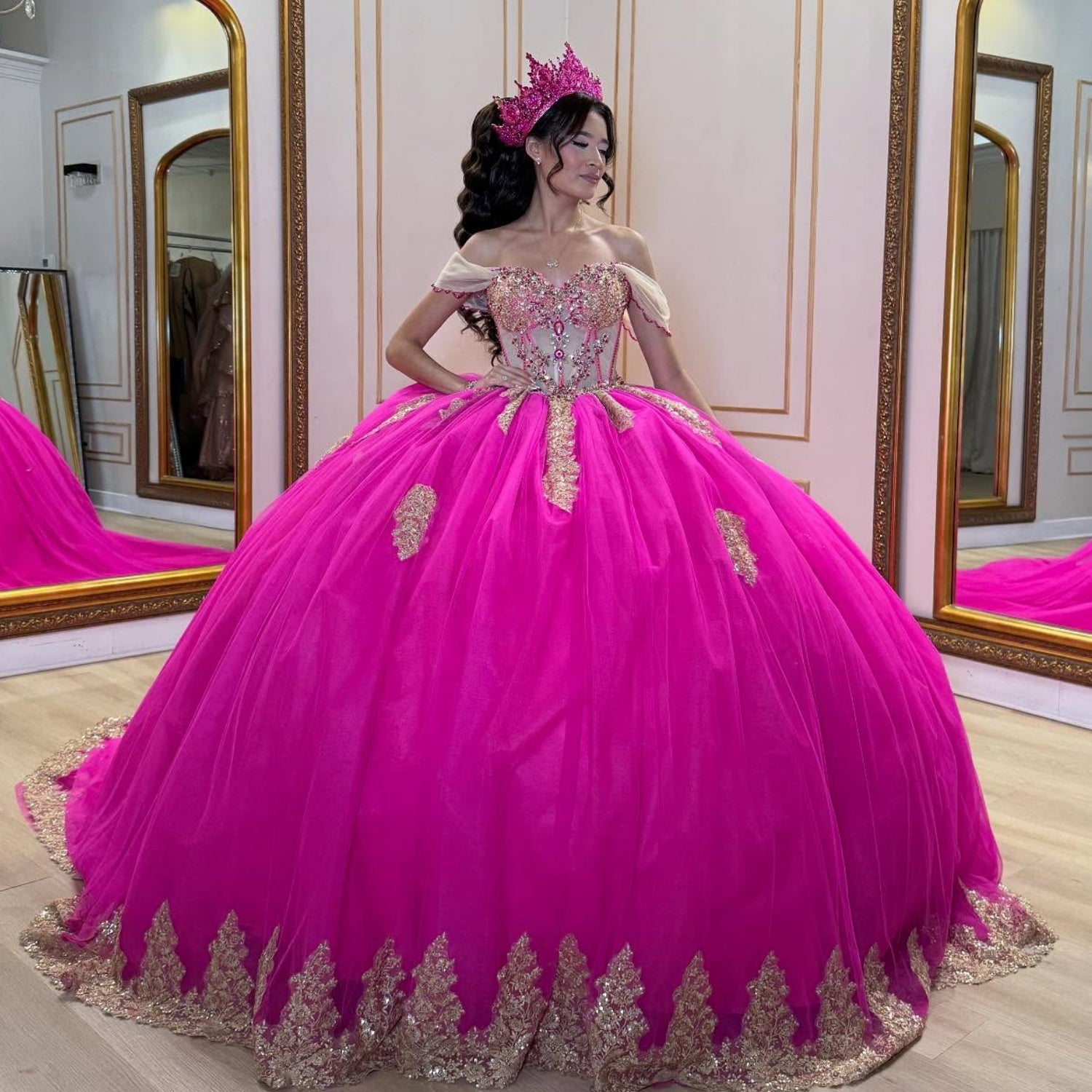 Off Shoulder Sleeveless Beaded Appliques Fuchsia Quinceañera Dress YQ1067