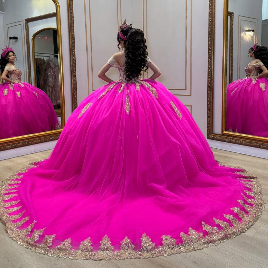 Off Shoulder Sleeveless Beaded Appliques Fuchsia Quinceañera Dress YQ1067