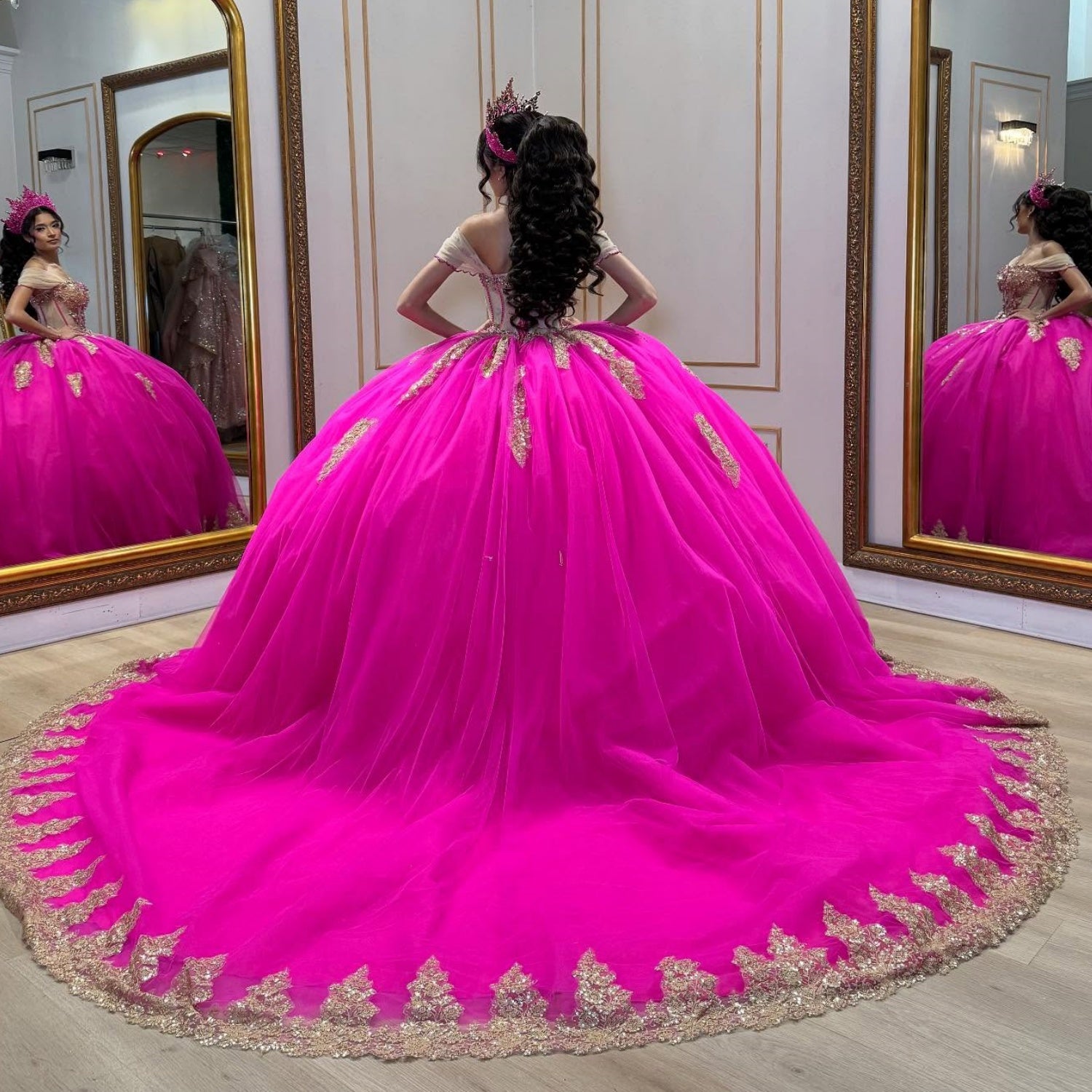 Off Shoulder Sleeveless Beaded Appliques Fuchsia Quinceañera Dress YQ1067