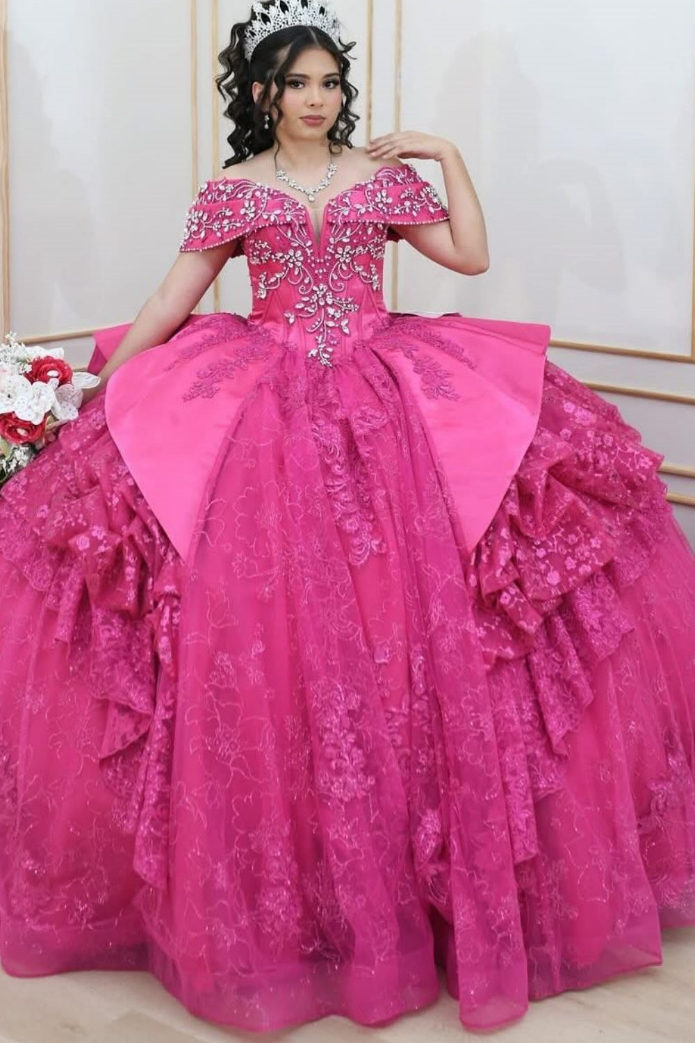 Off Shoulder Sleeveless Beaded Crystal Lace Appliques Tiered Quinceañera Dress YQ1068