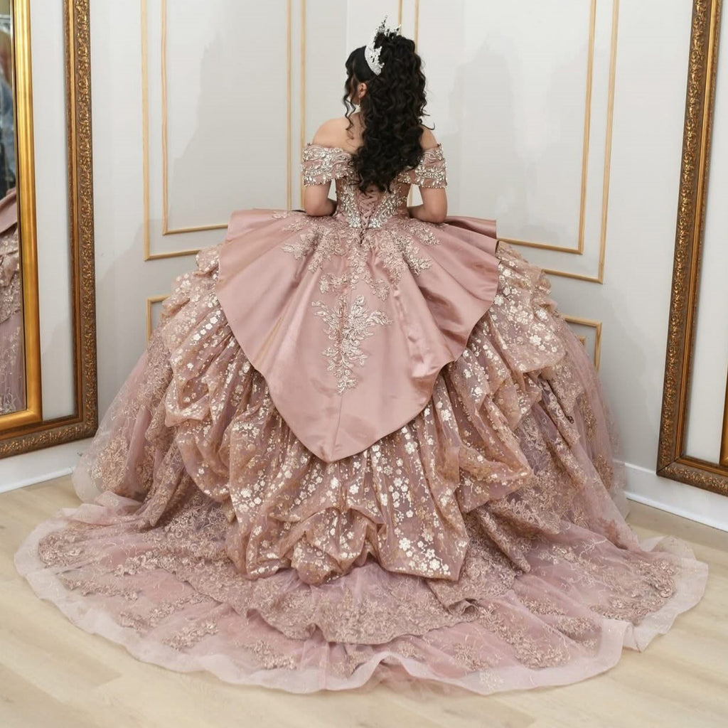 Off Shoulder Sleeveless Beaded Crystal Lace Appliques Tiered Quinceañera Dress YQ1068