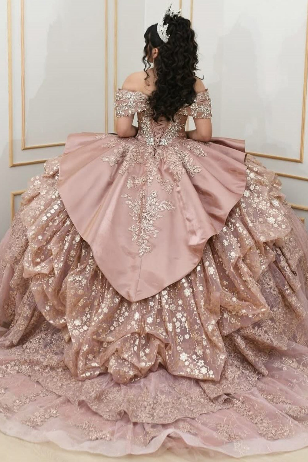 Off Shoulder Sleeveless Beaded Crystal Lace Appliques Tiered Quinceañera Dress YQ1068