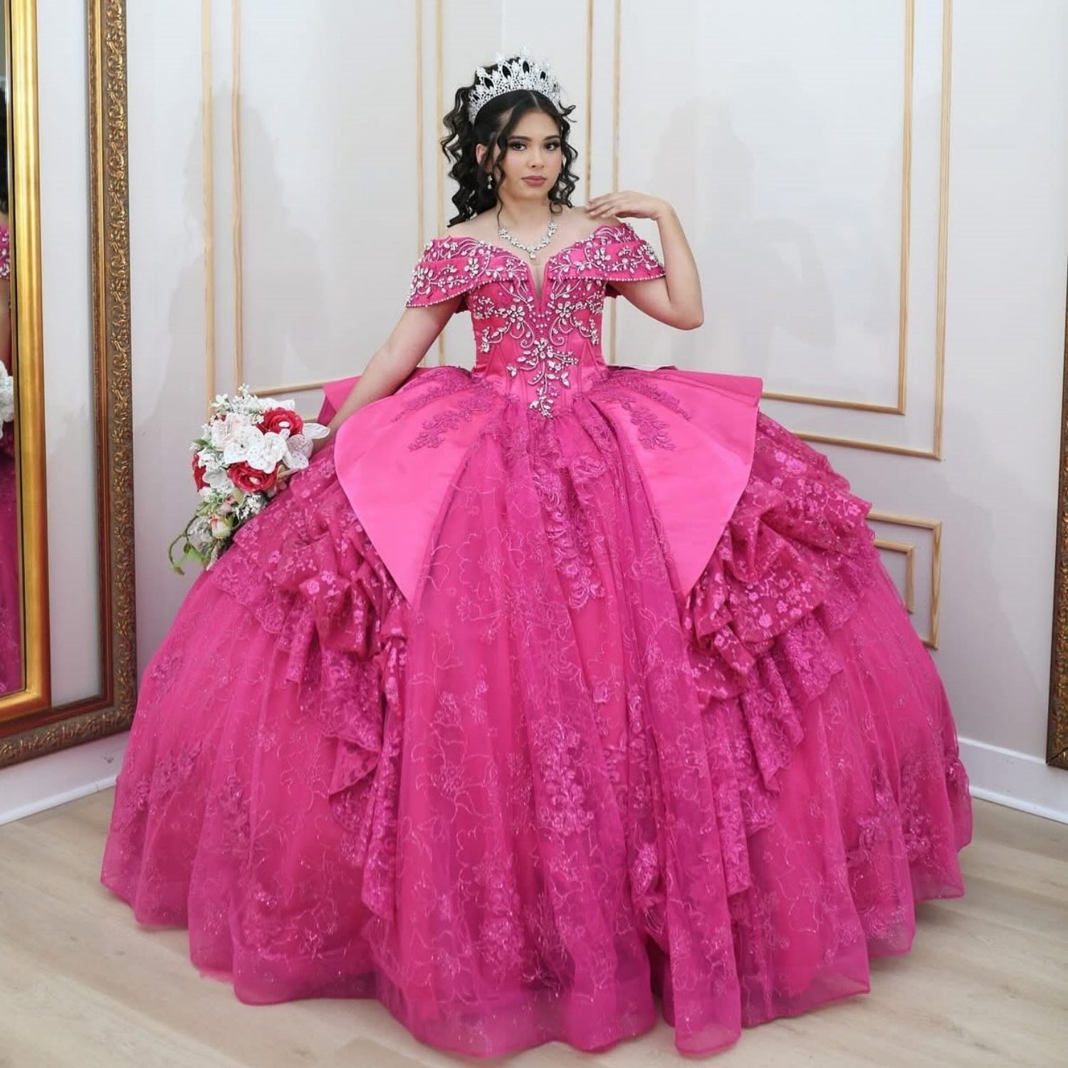 Off Shoulder Sleeveless Beaded Crystal Lace Appliques Tiered Quinceañera Dress YQ1068