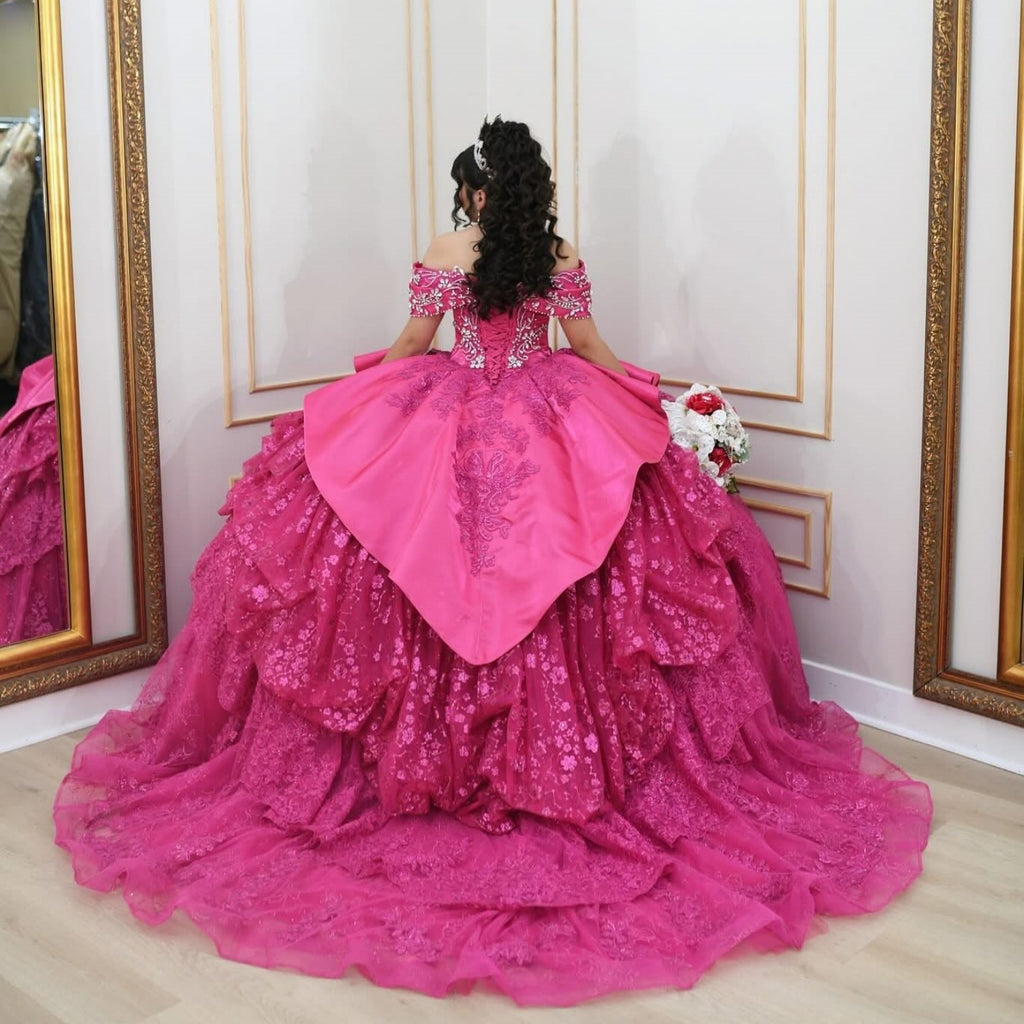 Off Shoulder Sleeveless Beaded Crystal Lace Appliques Tiered Quinceañera Dress YQ1068