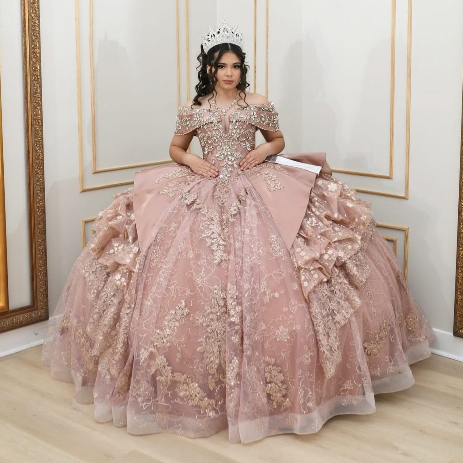 Off Shoulder Sleeveless Beaded Crystal Lace Appliques Tiered Quinceañera Dress YQ1068