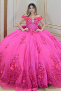 Off Shoulder Sleeveless Beaded 3D Flower Appliques Bow Knot Quinceañera Dress YQ1069
