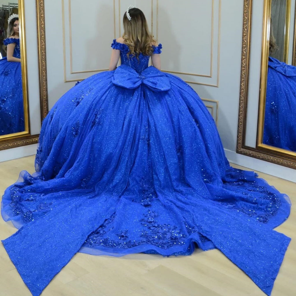 Off Shoulder Sleeveless Beaded 3D Flower Appliques Bow Knot Quinceañera Dress YQ1069
