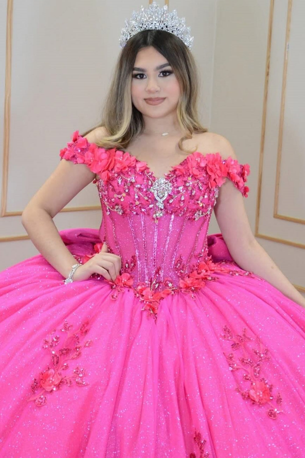 Off Shoulder Sleeveless Beaded 3D Flower Appliques Bow Knot Quinceañera Dress YQ1069