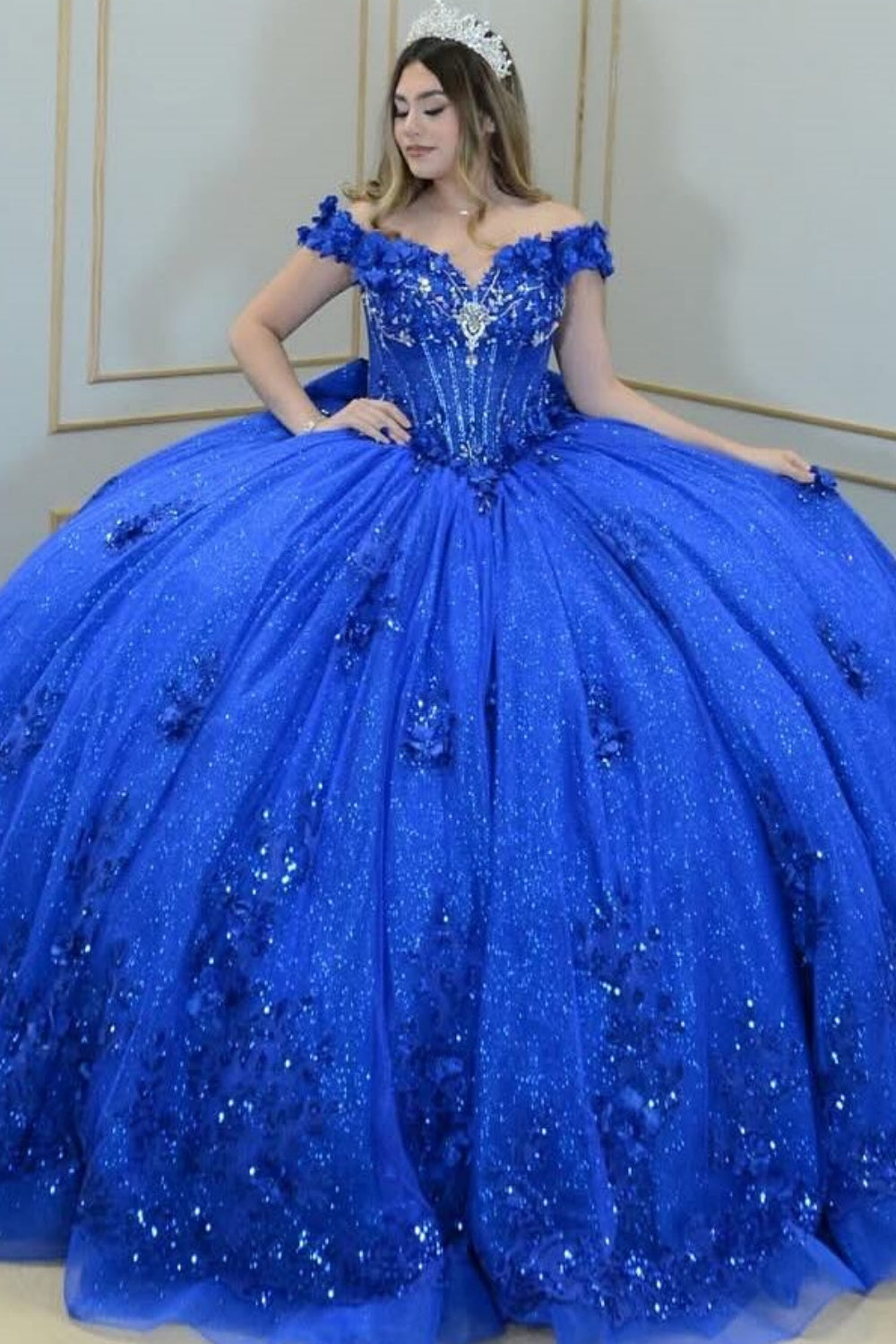 Off Shoulder Sleeveless Beaded 3D Flower Appliques Bow Knot Quinceañera Dress YQ1069