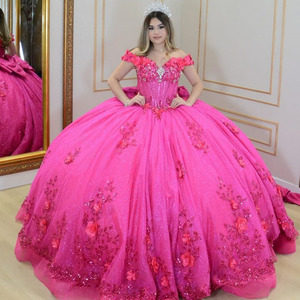 Off Shoulder Sleeveless Beaded 3D Flower Appliques Bow Knot Quinceañera Dress YQ1069