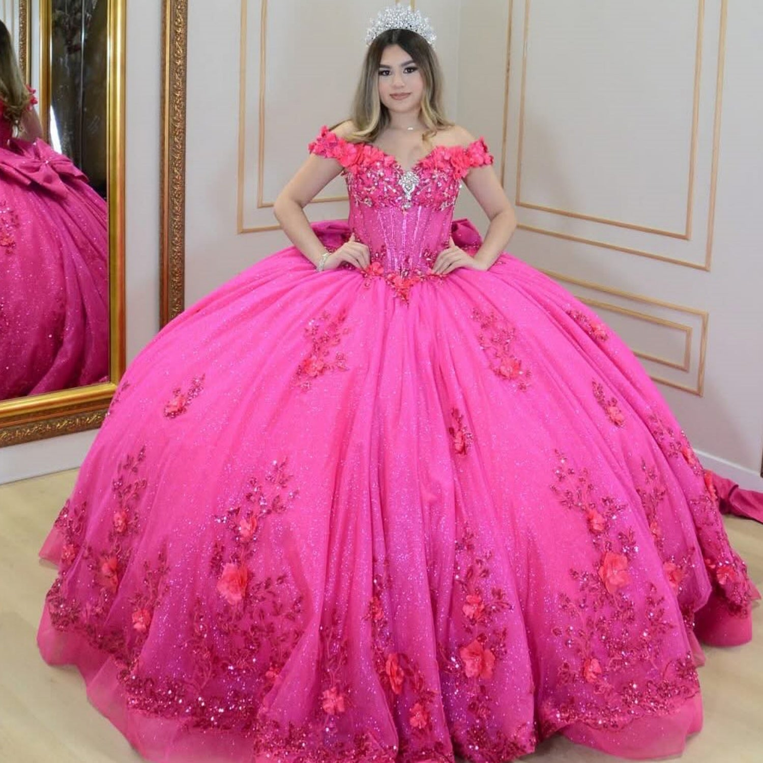 Off Shoulder Sleeveless Beaded 3D Flower Appliques Bow Knot Quinceañera Dress YQ1069