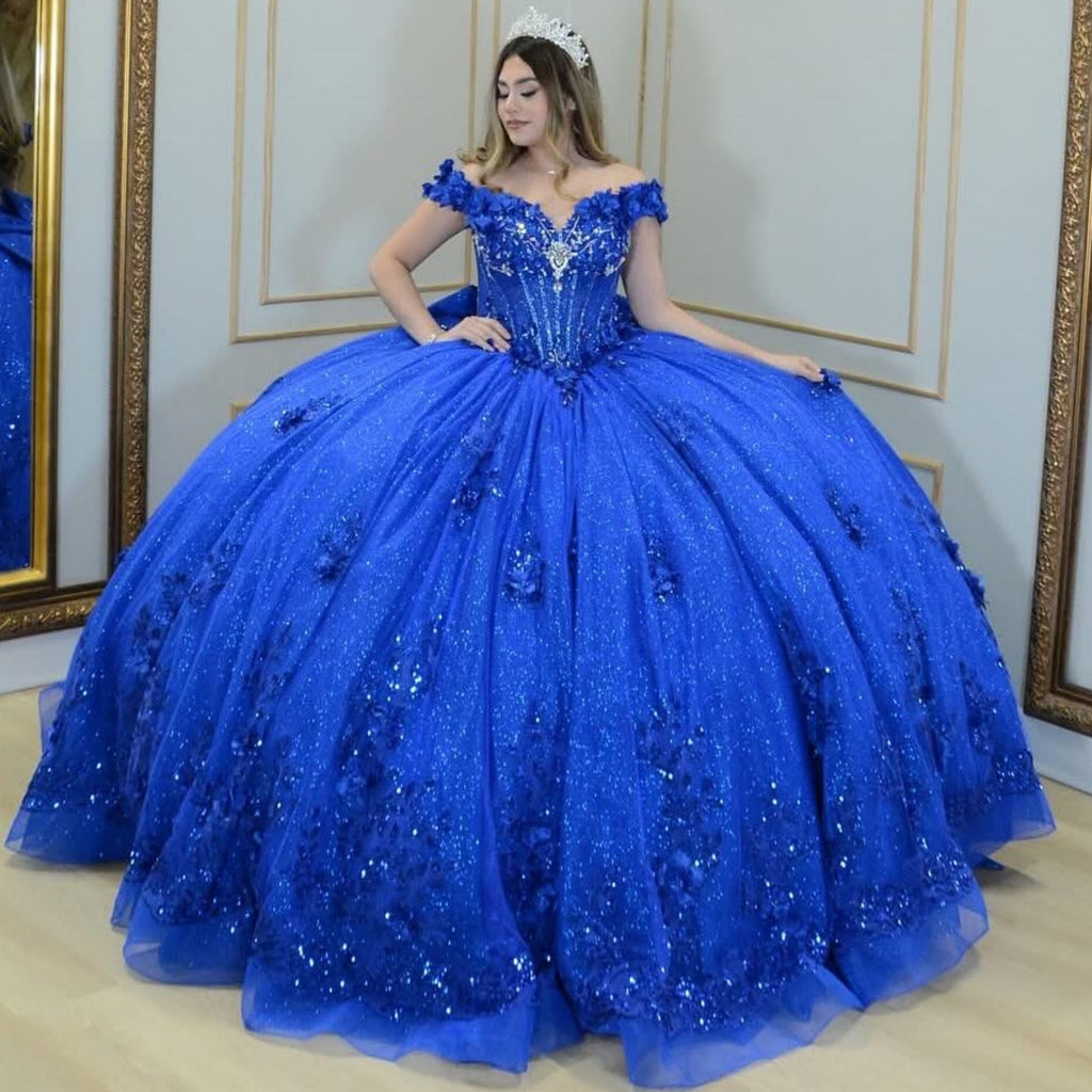 Off Shoulder Sleeveless Beaded 3D Flower Appliques Bow Knot Quinceañera Dress YQ1069
