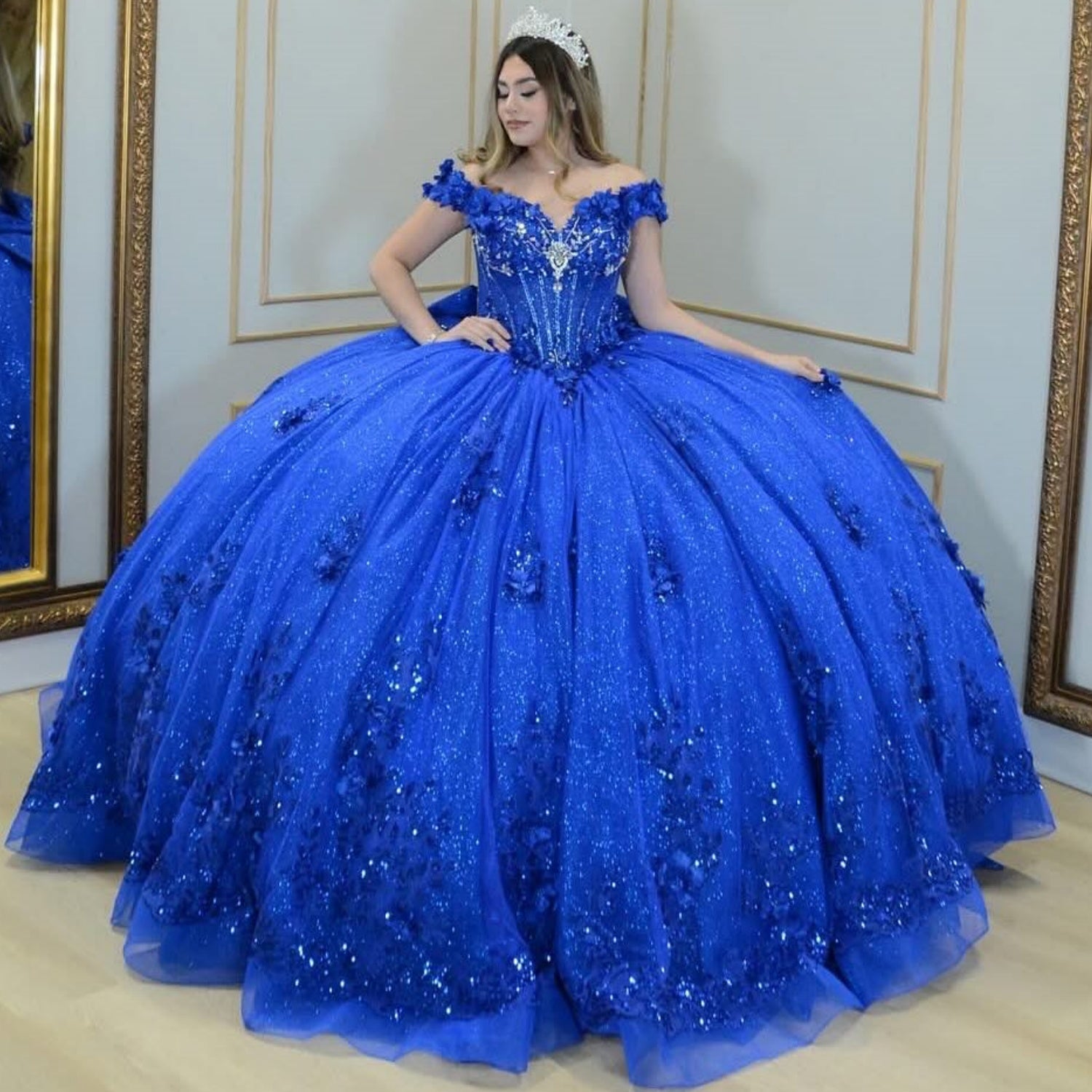 Off Shoulder Sleeveless Beaded 3D Flower Appliques Bow Knot Quinceañera Dress YQ1069