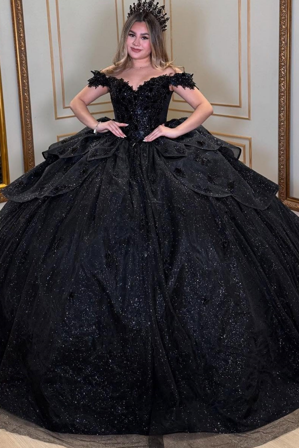 Off Shoulder Sleeveless Ruffles Bow Knot Glitter Black Quinceañera Dress YQ1071