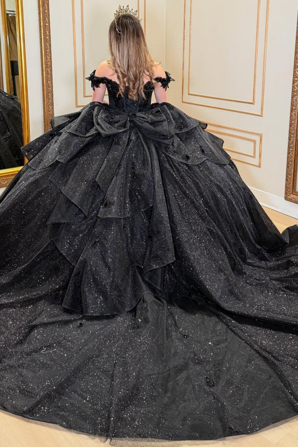 Off Shoulder Sleeveless Ruffles Bow Knot Glitter Black Quinceañera Dress YQ1071