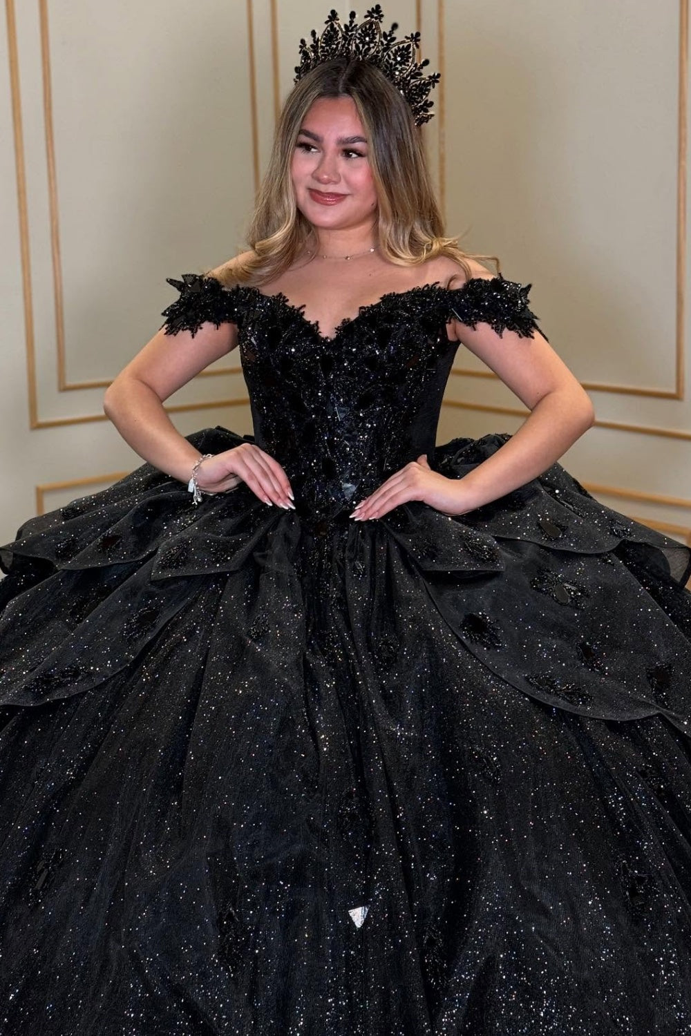 Off Shoulder Sleeveless Ruffles Bow Knot Glitter Black Quinceañera Dress YQ1071