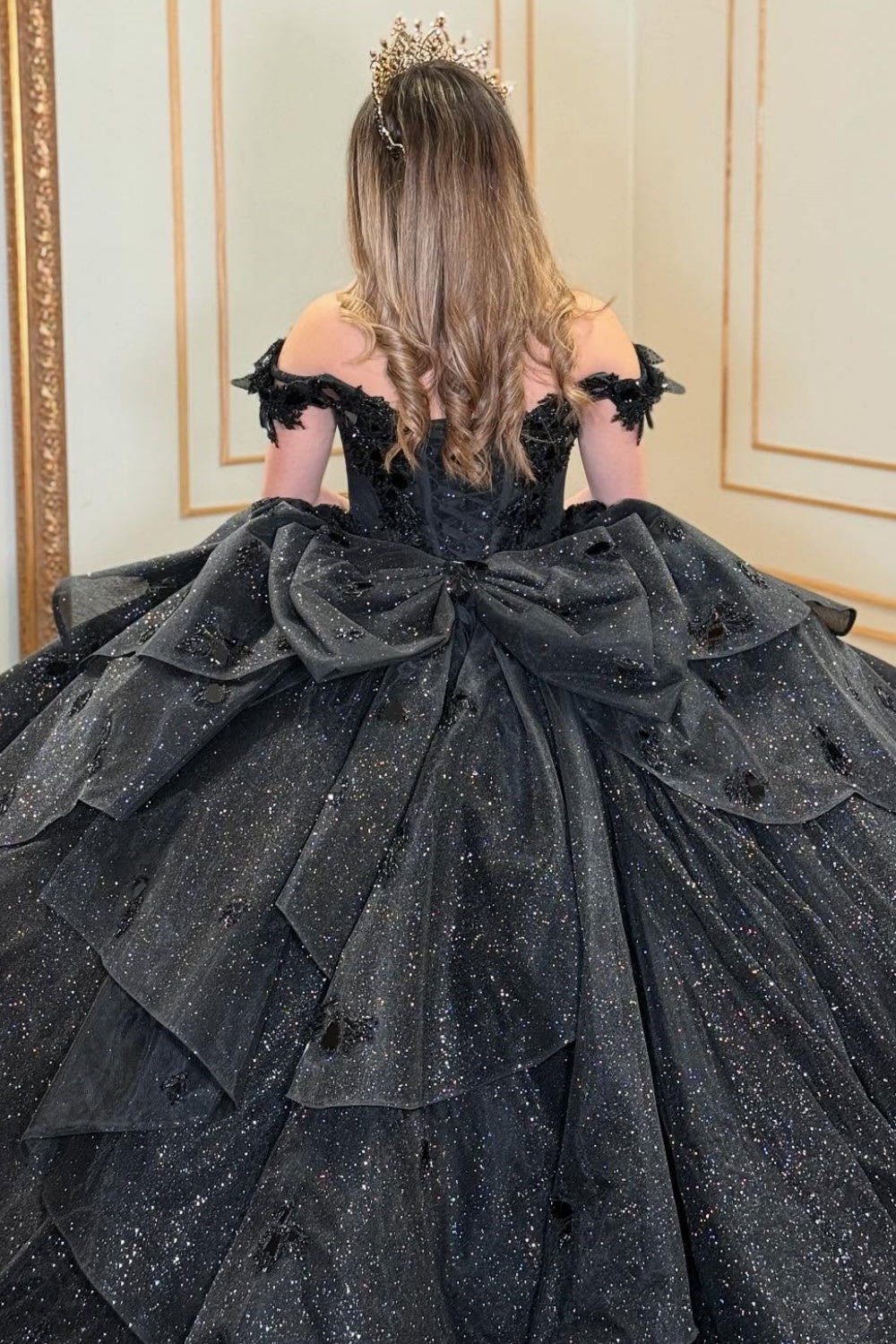 Off Shoulder Sleeveless Ruffles Bow Knot Glitter Black Quinceañera Dress YQ1071